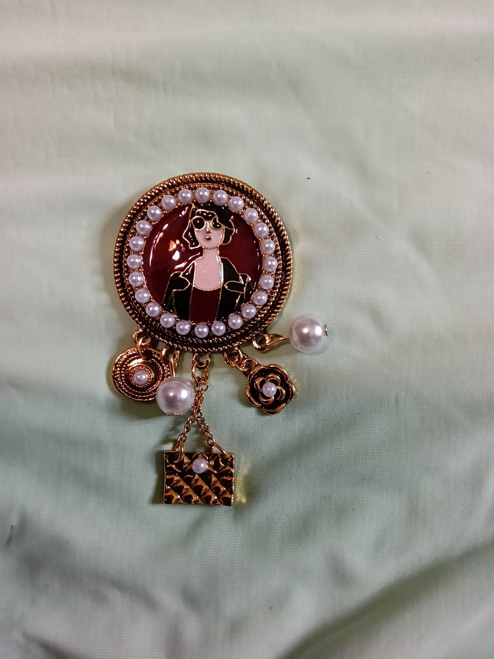 Gold-Tone Pearl & Burgundy Enamel Portrait Brooch with Charms